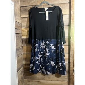 Yelete Women 2XL Navy Blue Floral Mixed Media Tunic Dress 3/4 Sleeve DRS2666P